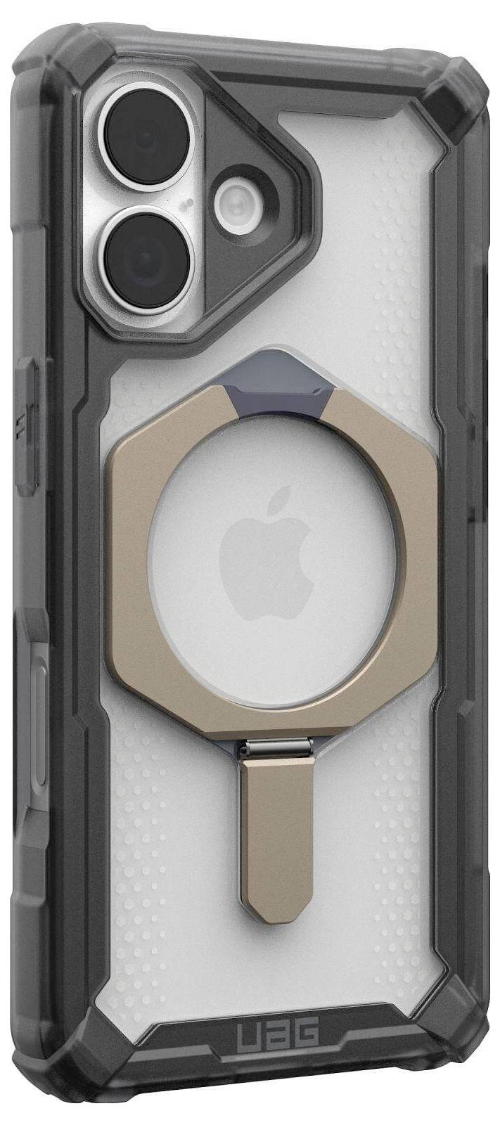 Schützende Handyhülle mit Aussparung für eine Dual-Kamera, MagSafe-Ring und robustem, strukturiertem Design mit transparentem Rückteil, das ein Apple-Logo zeigt.