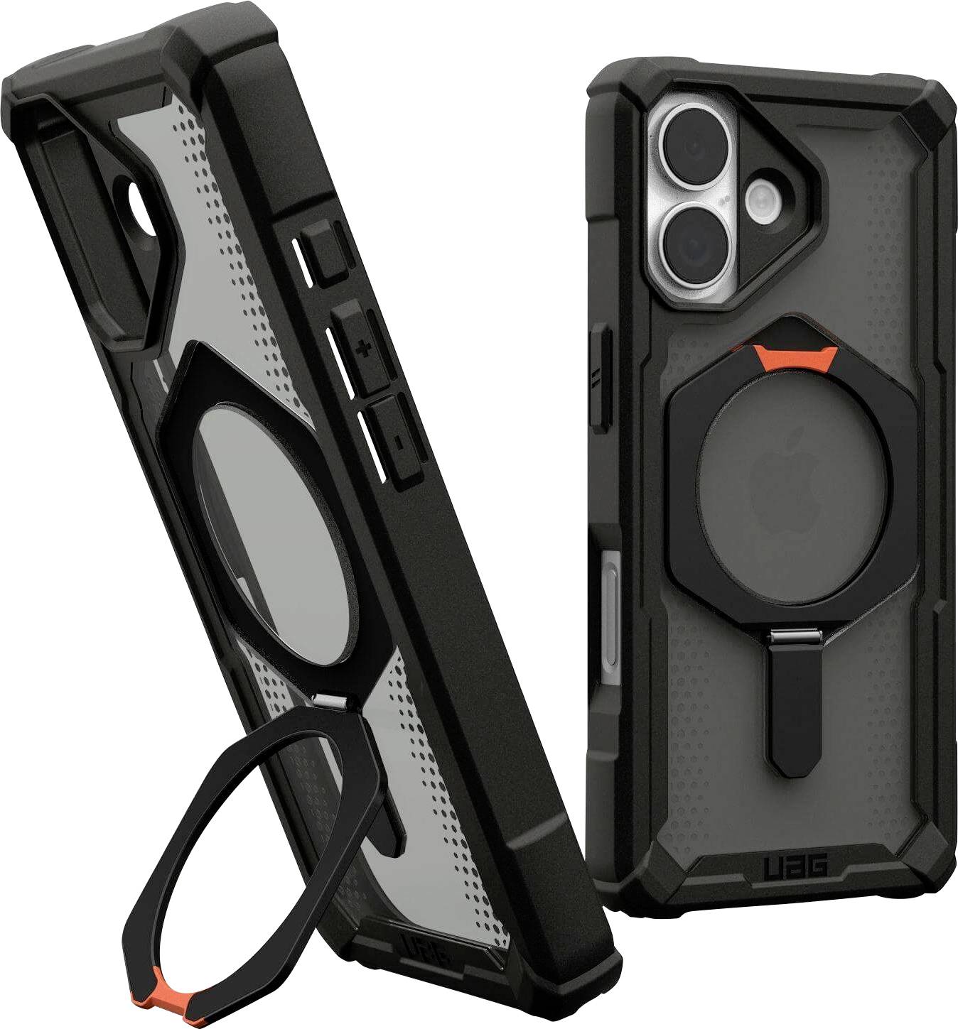 Robustes, schwarzes Smartphone-Gehäuse mit orangefarbenen Akzenten zum Schutz, mit einem kreisförmigen Griff auf der Rückseite, von Vorder- und Rückansicht dargestellt.