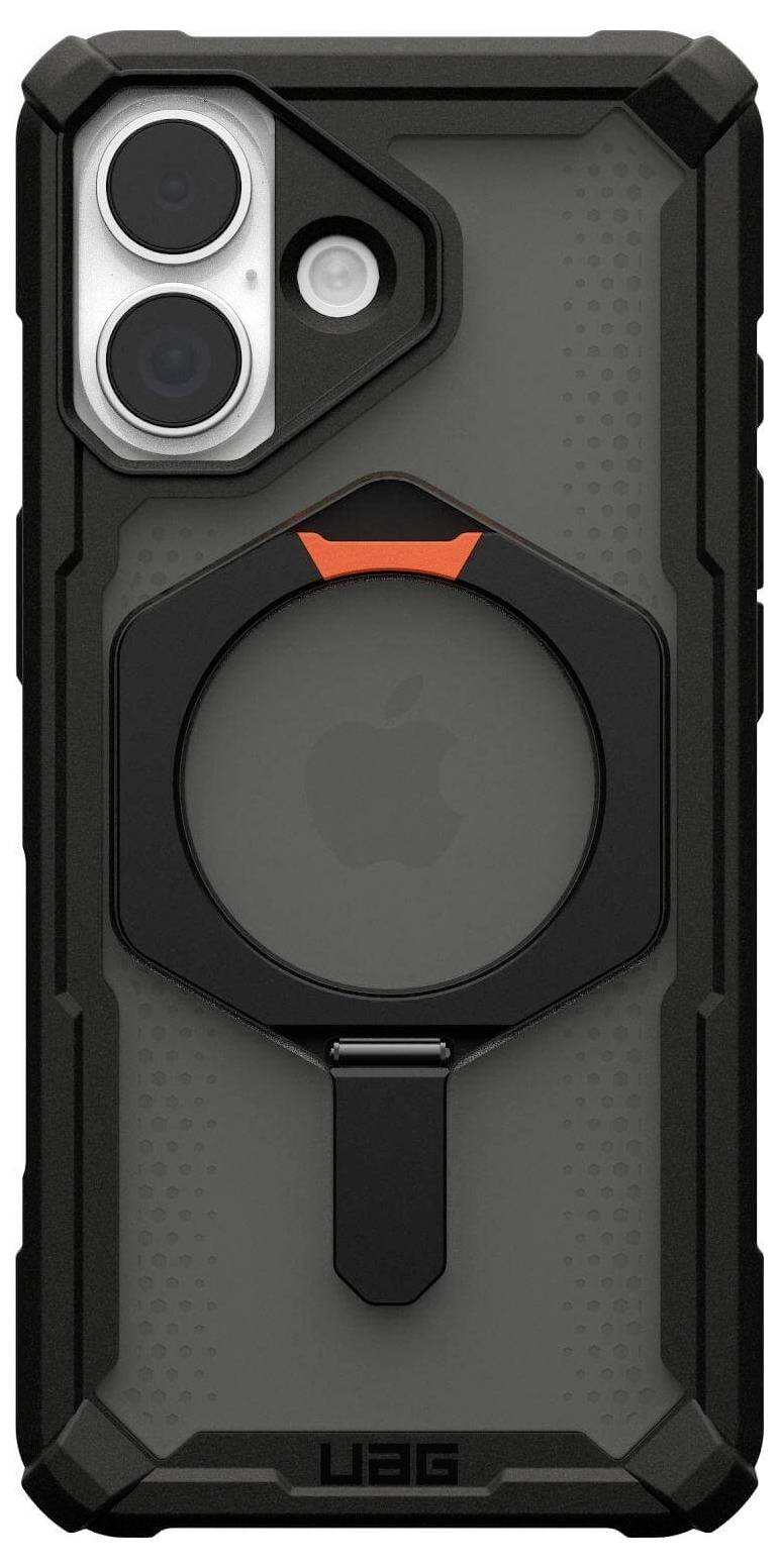 Ein robustes schwarzes Telefon-Etui mit Dual-Kameras, einem Ringhalter und einem sichtbaren Apple-Logo auf der Rückseite, das für Strapazierfähigkeit und guten Halt entwickelt wurde.