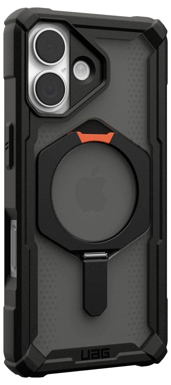 Ein robustes schwarzes Smartphone-Gehäuse mit zwei sichtbaren Rückkameras, ausgestattet mit einem markanten Ringständer und dem UAG-Logo am unteren Rand.