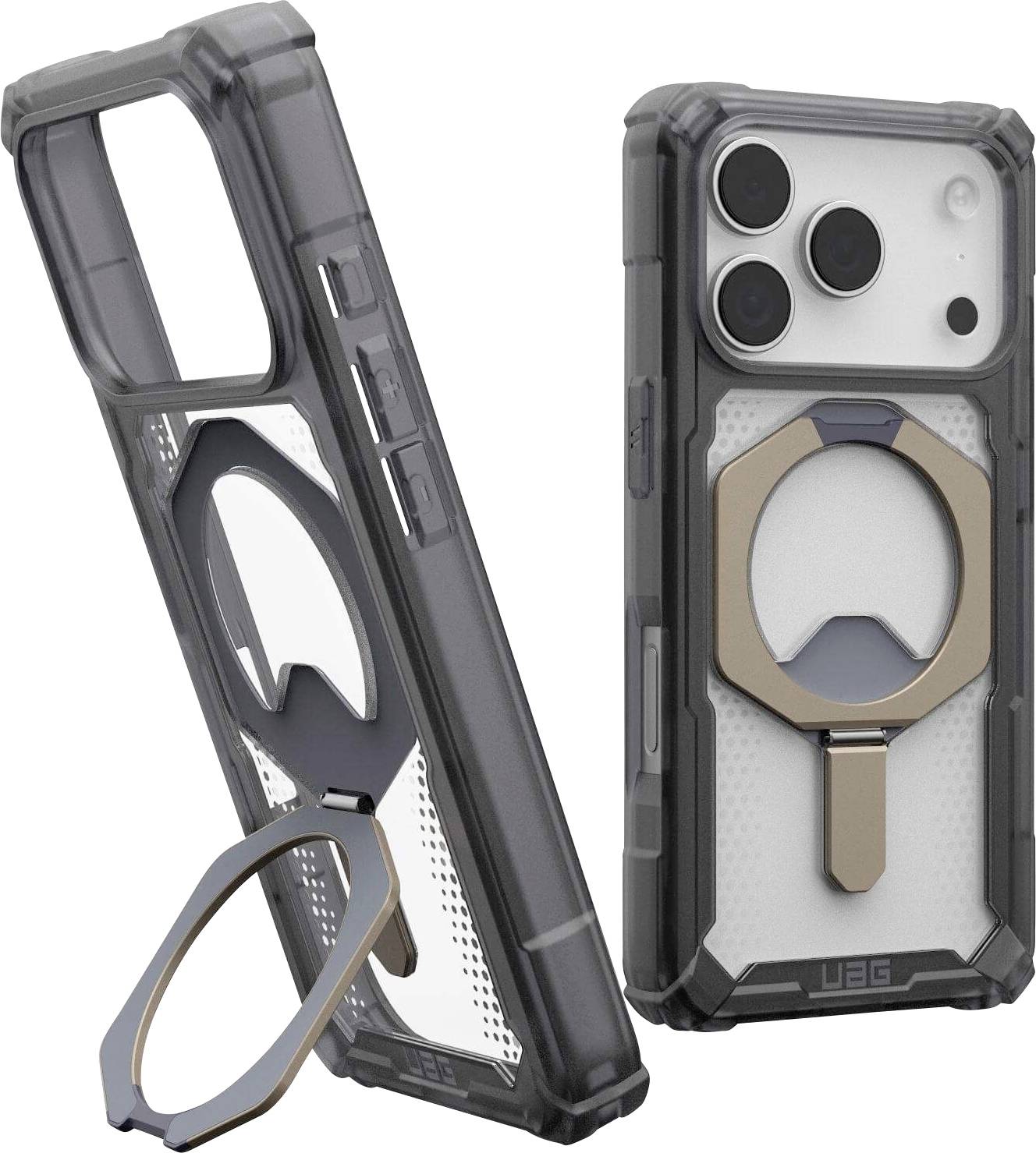 Ein transparenter, robuster Telefonkasten mit Metallringständer wird gezeigt, der an der Rückseite eines Smartphones befestigt ist und sowohl die Vorder- als auch die Rückansicht präsentiert.