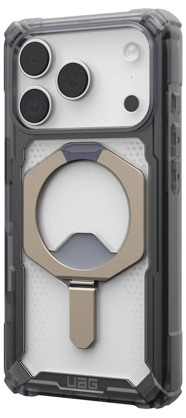 Ein Smartphone in einem robusten, transparenten Gehäuse mit einem metallfarbenen Ringständer, der an der Rückseite befestigt ist und auf Schutz und Funktionalität ausgelegt ist.