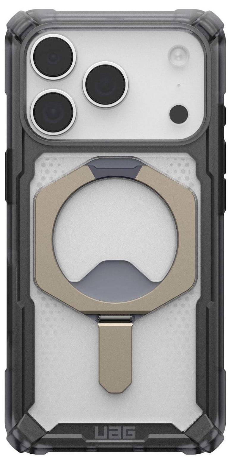 Ein robustes Smartphone-Gehäuse mit einem metallfarbenen Ständer, konzipiert für Schutz, mit einer transparenten Rückseite und verstärkten Ecken.