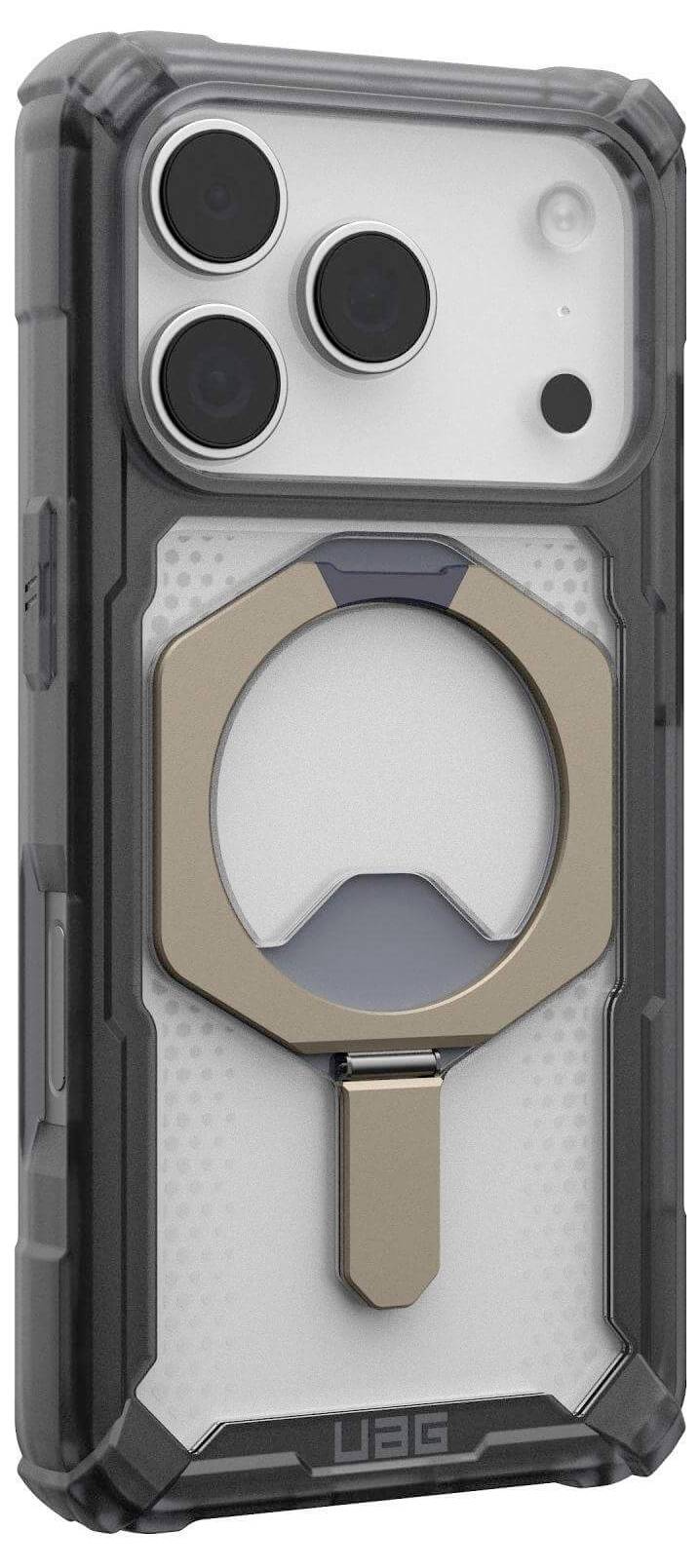 Eine robuste Handyhülle mit drei Kameraöffnungen und einem kreisrunden Metallringhalter, entwickelt für Schutz und einfache Handhabung.