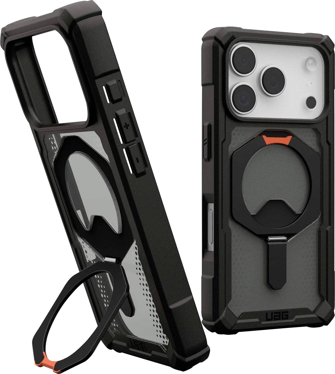 Zwei robuste Smartphone-Hüllen mit schwarz-grauen Designs, ausgestattet mit runden Ständern und verstärkten Ecken.