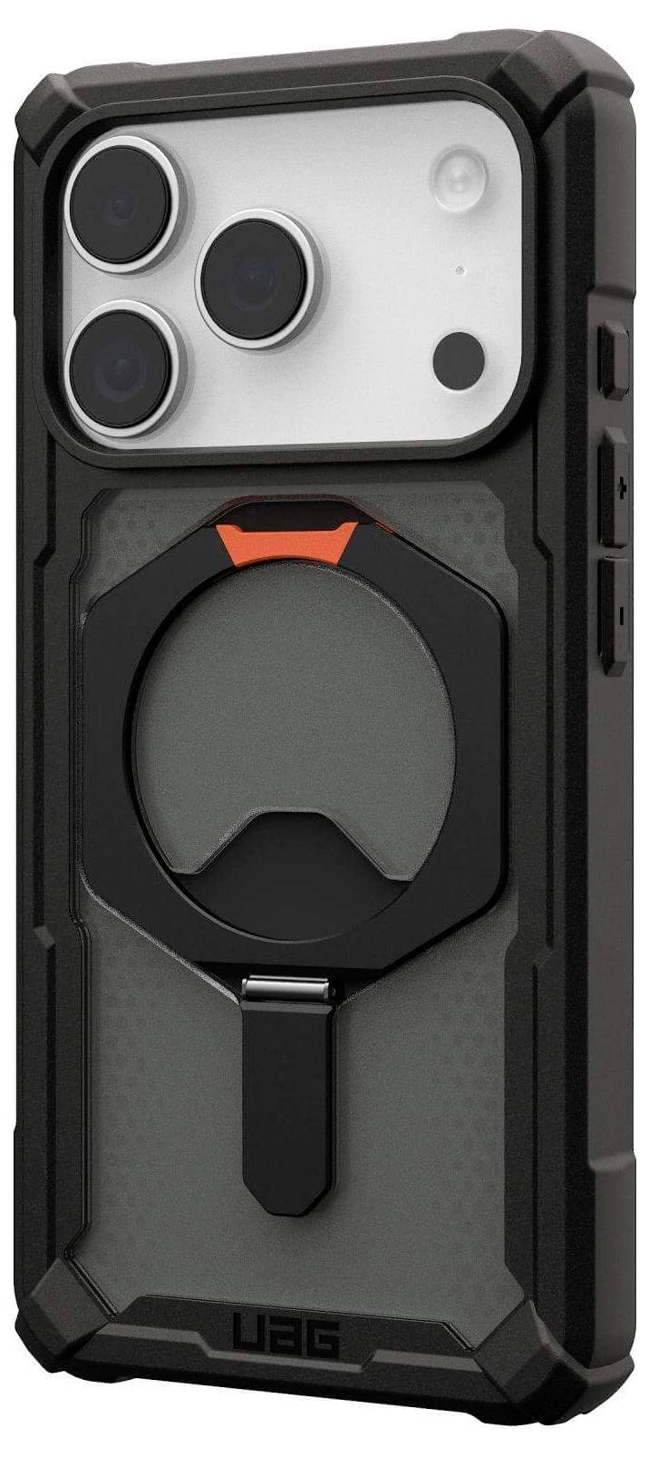 Eine robuste Handyhülle mit einem Metallständer, strukturierter Rückseite und präzisen Aussparungen für drei Kameraobjektive. Markenlogo 'UAG' am unteren Rand.