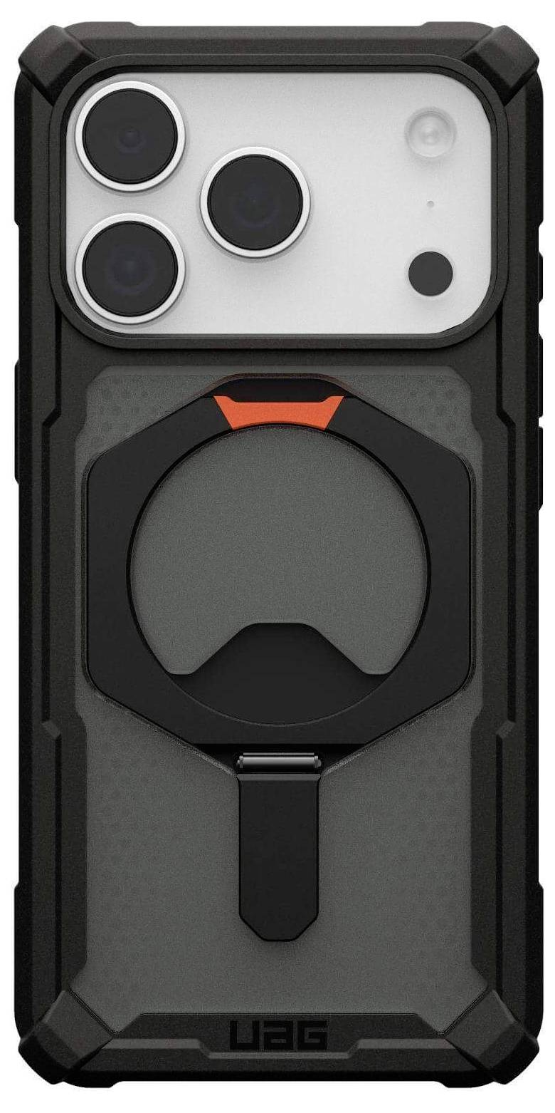 Eine schwarze Smartphone-Hülle mit strukturiertem Design, ausgestattet mit einem Ring zum Greifen und drei Kameraobjektiven oben links.