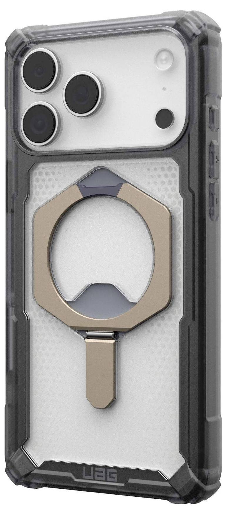 Ein Smartphone mit einem schützenden schwarz-grauen Gehäuse verfügt über einen Metallringhalter auf der Rückseite, der für Stabilität und besseren Halt konzipiert ist.