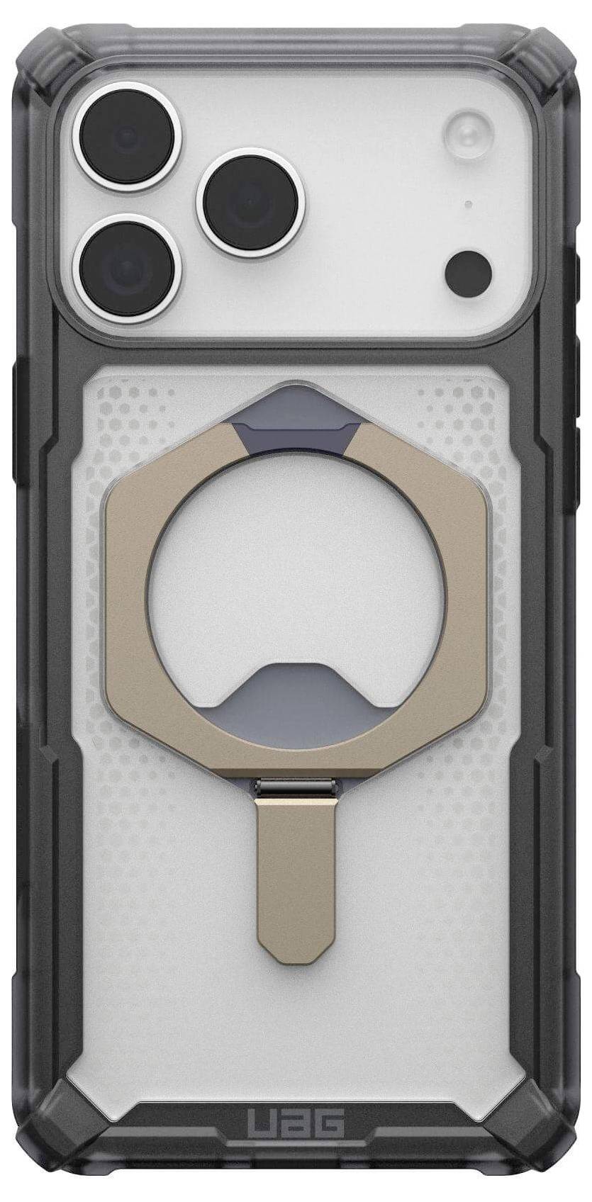 Ein Smartphone mit einer robusten UAG-Hülle verfügt über einen metallischen Ringhalter auf der Rückseite, der sowohl Halt als auch Standfunktionalität bietet.