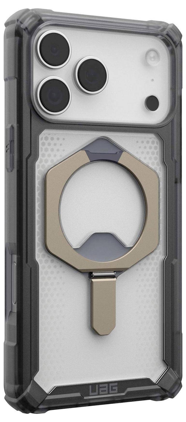 Ein robustes Smartphone-Gehäuse mit markanten Eckenschutzkanten, versehen mit einem kreisförmigen Metallringhalter auf der Rückseite für Stabilität und besseren Halt.