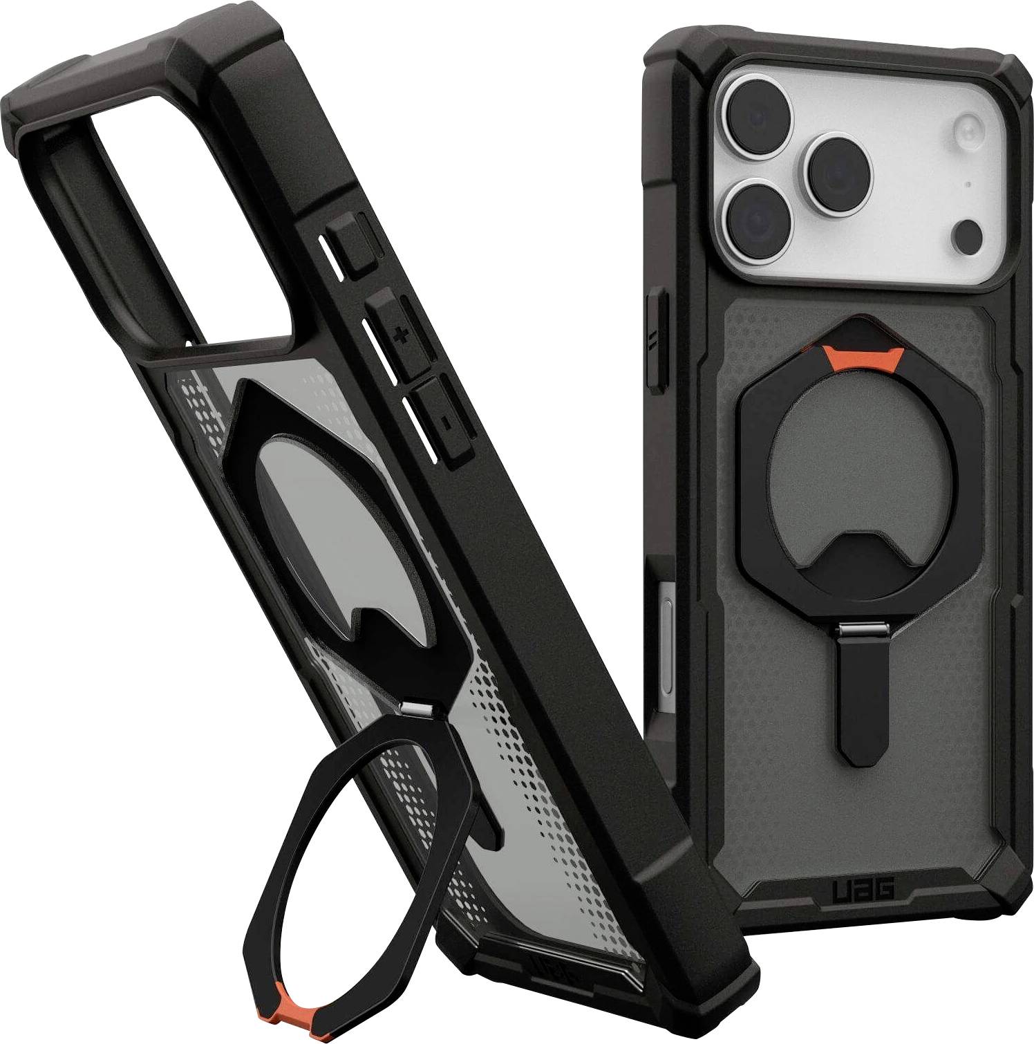 Schwarze robuste Handyhülle mit Ringhalter und Kartenfach, entwickelt für eine Kamera mit mehreren Objektiven. Die Marke 'UAG' ist sichtbar.