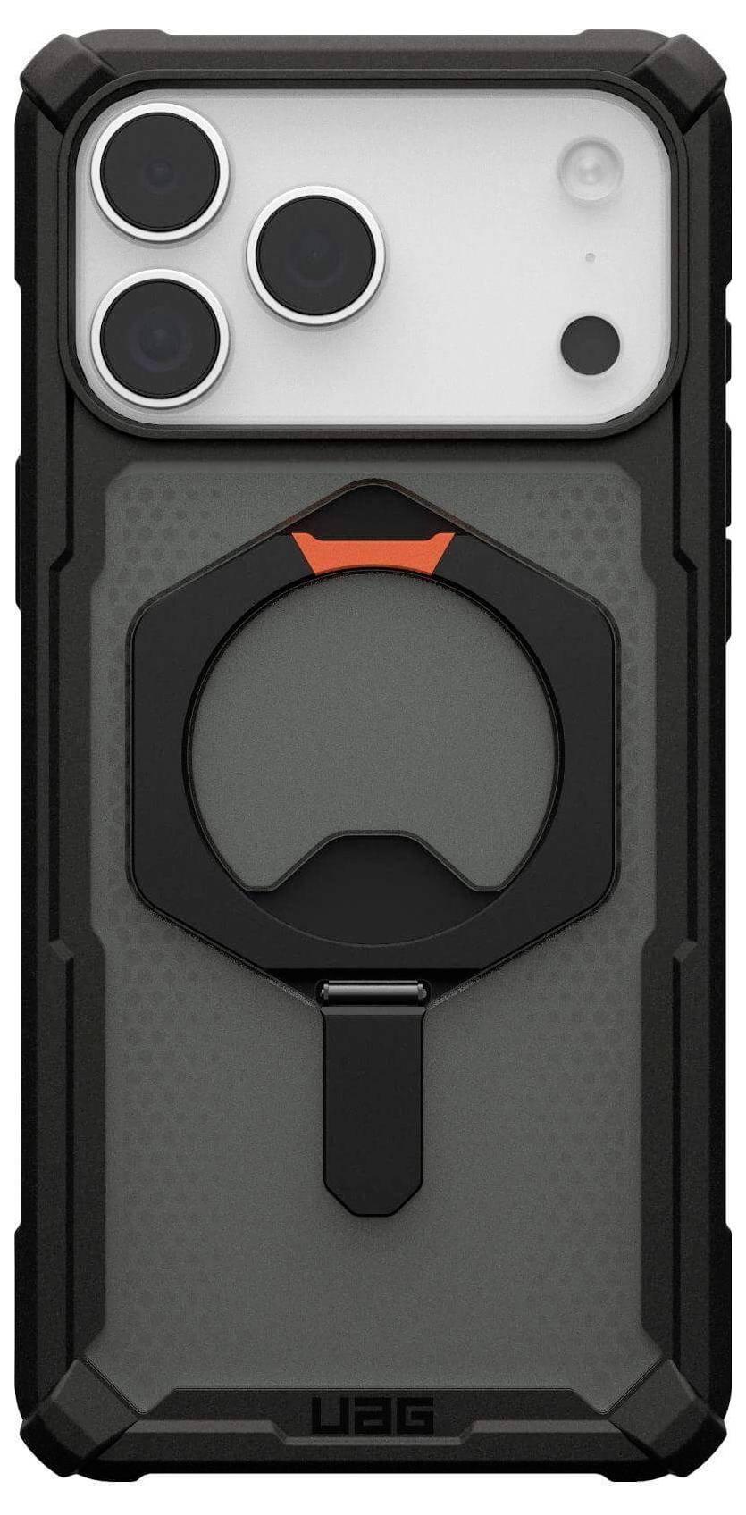 Ein Smartphone in einem robusten, schwarz-grauen Gehäuse mit einem kreisförmigen Ständer auf der Rückseite, entwickelt für Langlebigkeit und verbesserten Halt.