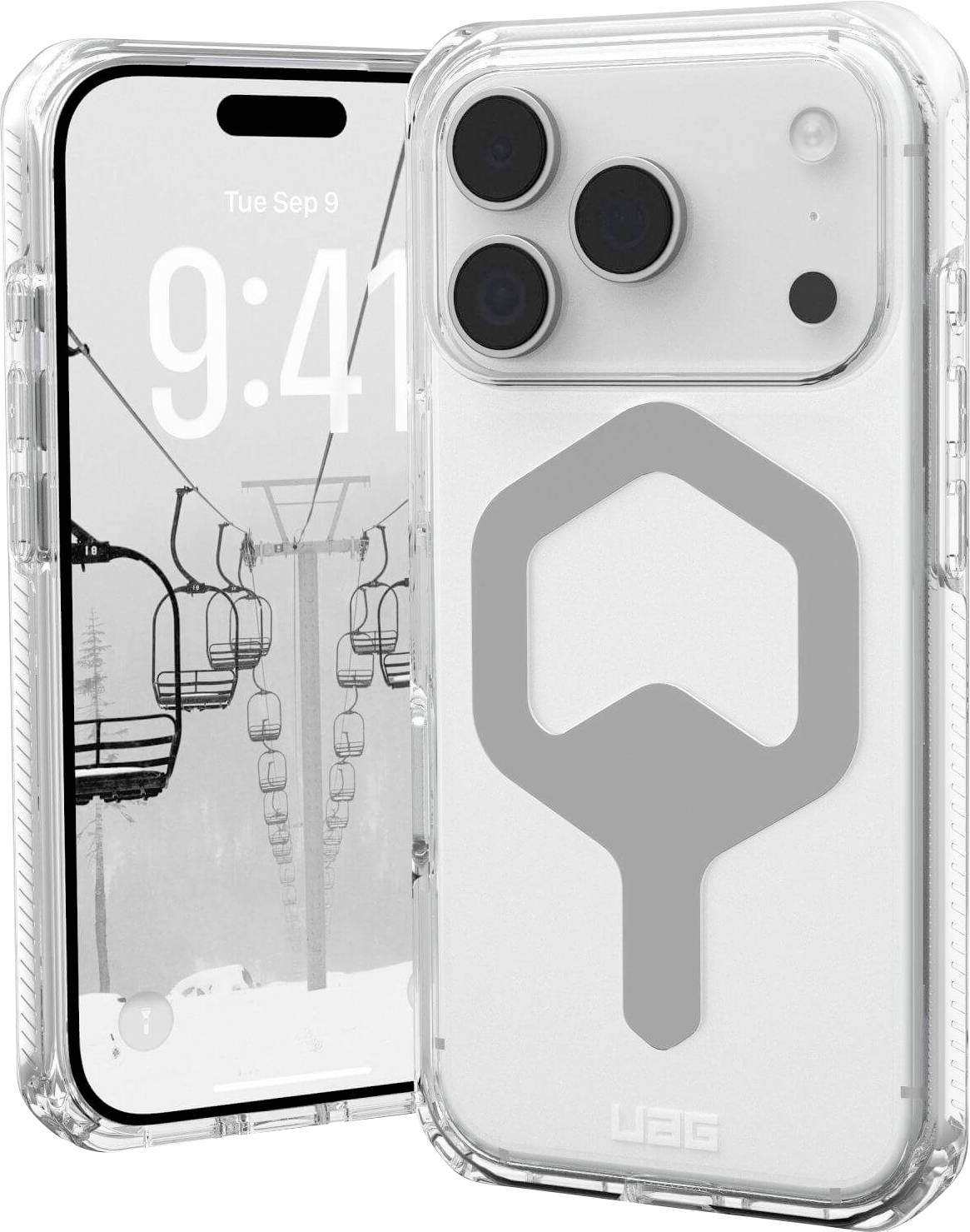 Eine transparente Handyhülle zeigt ein minimalistisches Design mit einem geometrischen Muster, neben einem Smartphone mit einem Skilift-Hintergrundbild.