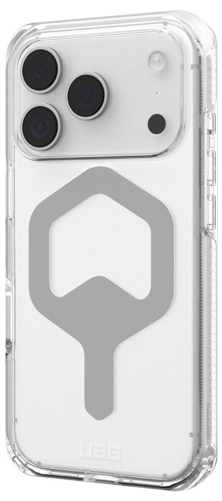 Transparente Handyhülle mit einem großen silbernen Emblem auf der Rückseite. Die Hülle ist auf einem weißen Smartphone mit drei Kameraobjektiven aufgesetzt.