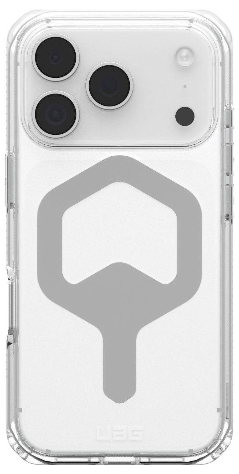 Eine transparente Smartphone-Hülle mit drei großen Kameraobjektiven wird präsentiert und zeigt in der Mitte ein graues Emblem, das einem stilisierten Schlüsselloch ähnelt.