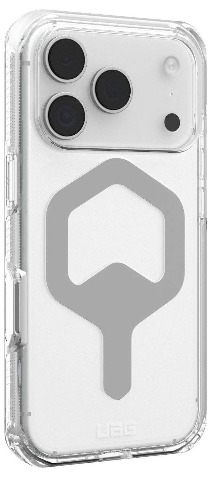 Eine transparente Handyhülle mit großen Ausschnitten für drei Kameraobjektive und einen Blitz wird gezeigt, mit einem zentralen, grauen geometrischen Muster.