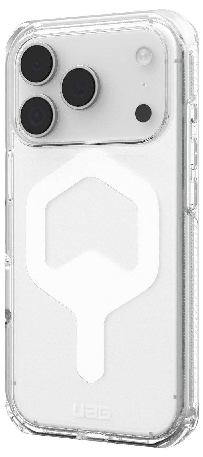 Eine durchsichtige Handyhülle mit drei großen Kameraobjektiven, die auf der Rückseite ein weißes geometrisches Design aufweist.