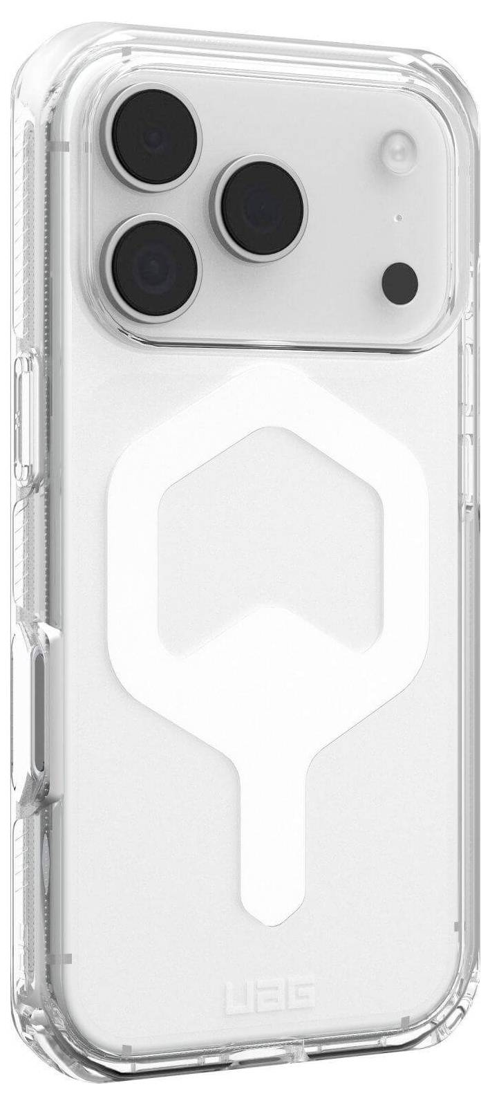 Eine transparente Handyhülle mit einem sechseckigen Muster auf der Rückseite, die für ein Smartphone mit drei Rückkameras konzipiert ist.