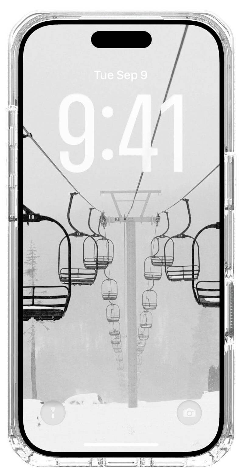 Smartphone-Display zeigt ein monochromes Bild einer Skianlage mit leeren Sesseln vor einer verschneiten Kulisse. Die Zeit zeigt '9:41', das Datum 'Die 9. Sep'.