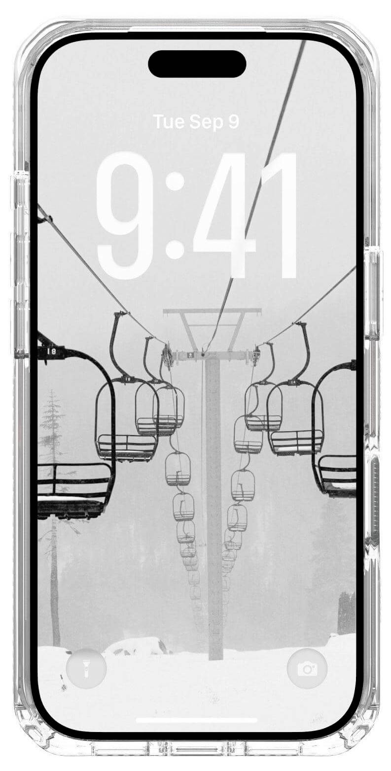 Ein Telefondisplay, das ein Schwarz-Weiß-Bild von leeren Skiliftstühlen an einem verschneiten, nebligen Tag zeigt, wobei die Uhrzeit 9:41 angezeigt wird.