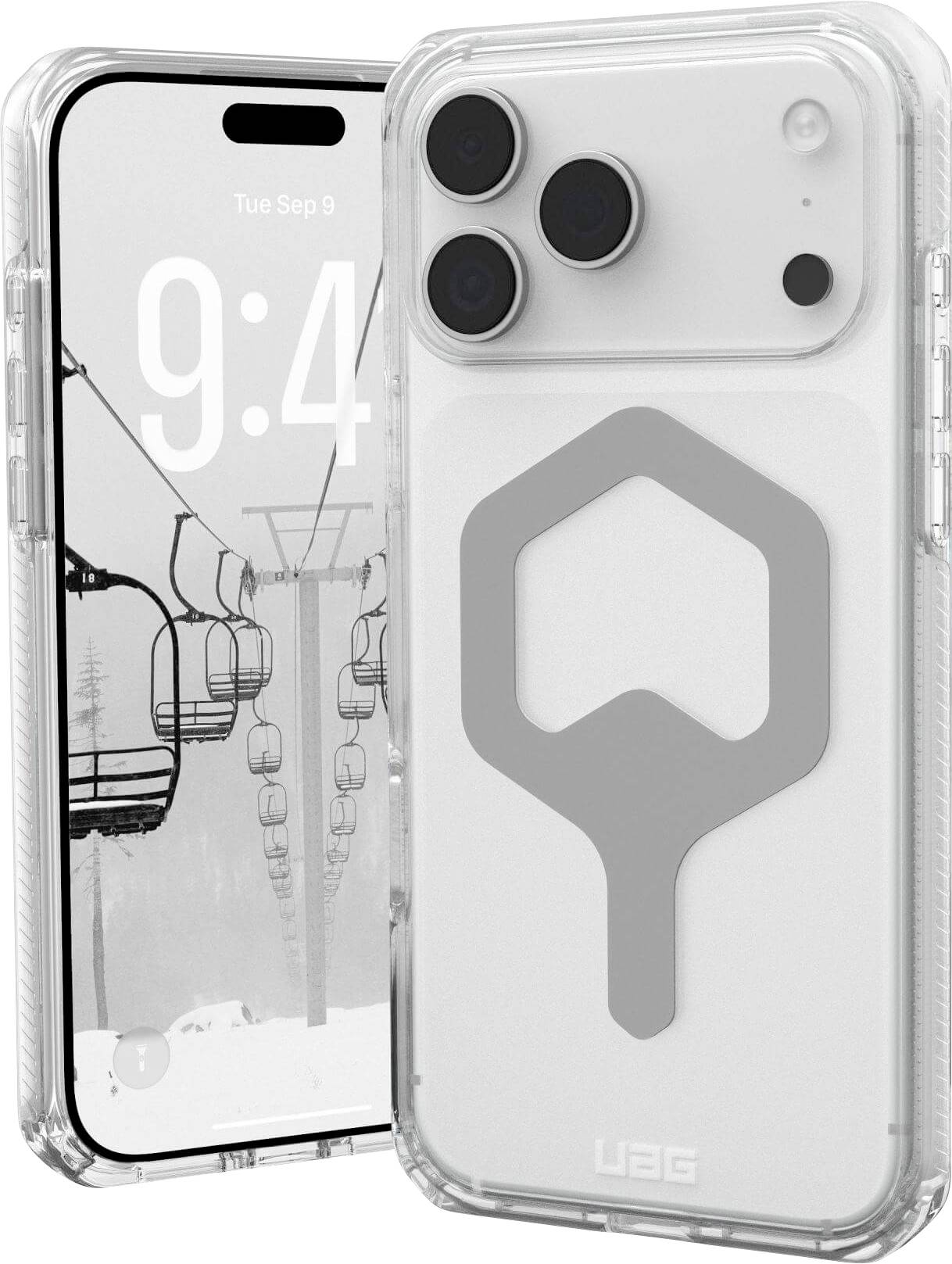 Eine durchsichtige Handyhülle mit einem sechseckigen Design wird auf einem Smartphone präsentiert, auf dessen Bildschirm eine Winterlandschaft mit einer Skilifte zu sehen ist.