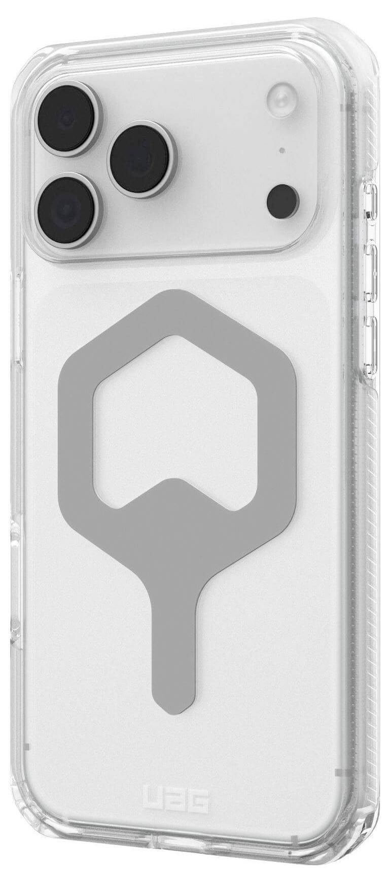 Ein weißes Smartphone mit einer durchsichtigen Schutzhülle, auf deren Rückseite ein großes graues sechseckiges Logo zu sehen ist, in einer Ansicht von der Rückseite.