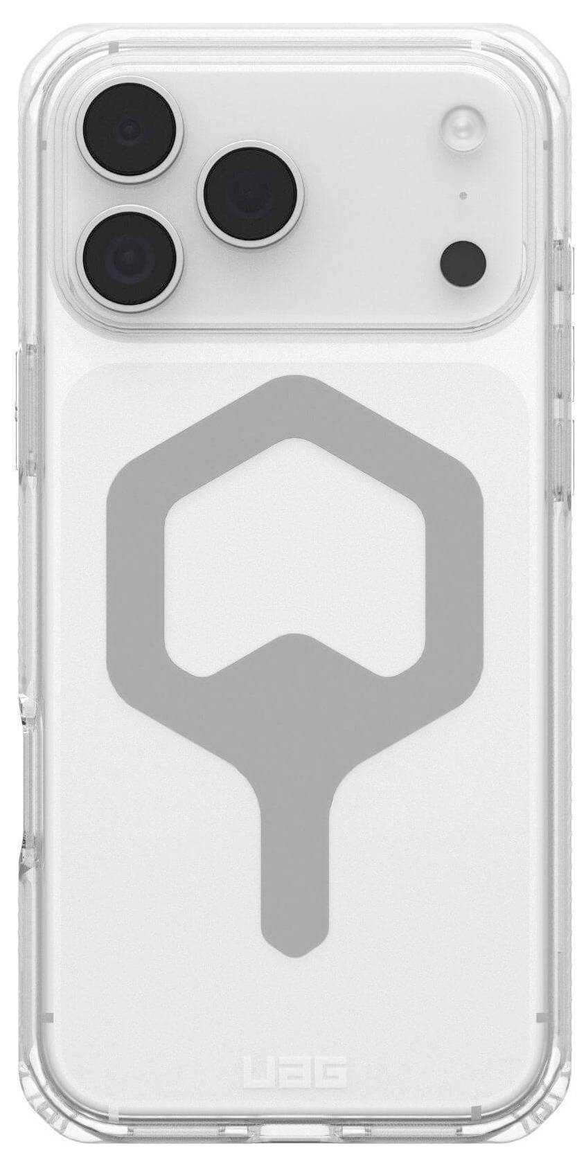 Ein Smartphone in einem transparenten Schutzgehäuse mit drei Kameraobjektiven in der oberen linken Ecke und einem geometrischen Design auf der Rückseite.