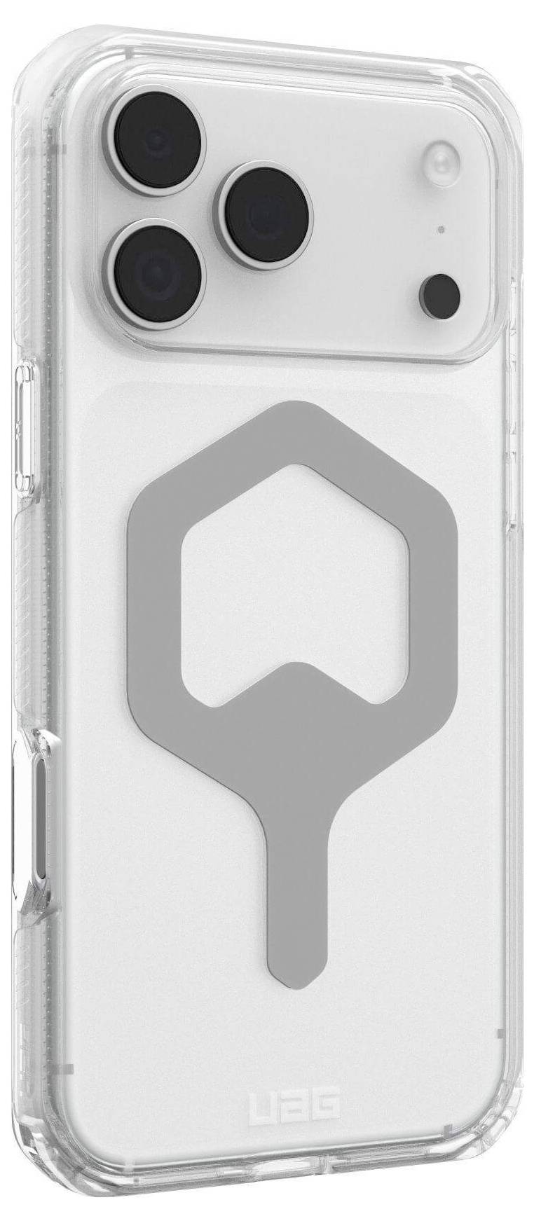 Eine transparente Handyhülle mit einer grauen Griffbefestigung auf der Rückseite, die ein Design aufweist, das ein einfaches Halten und bequeme Nutzung ermöglicht.