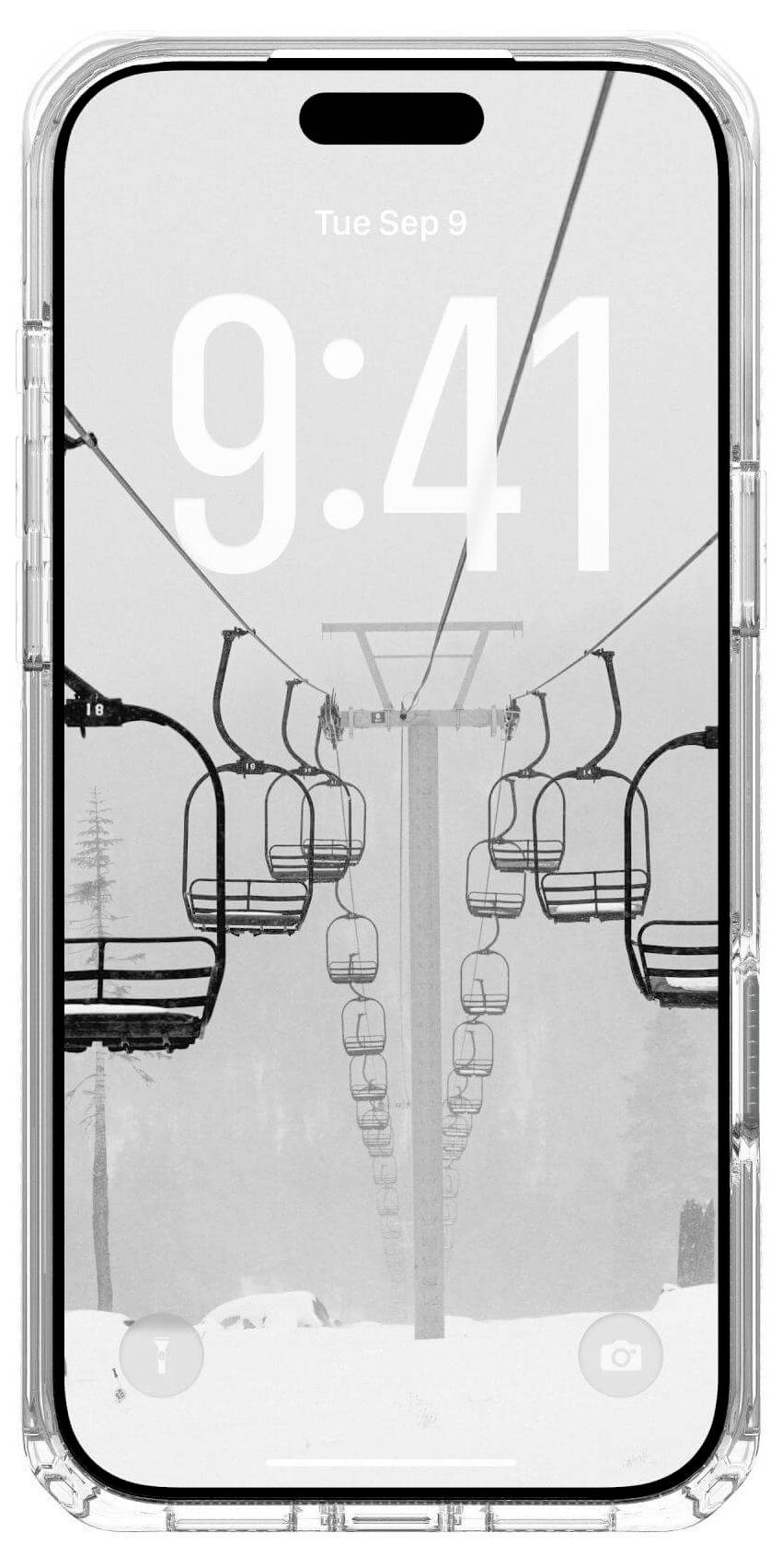 Ein Smartphone zeigt ein monochromes Bild von Sesselliftbügeln vor einer verschneiten Landschaft. Die Uhrzeit '9:41' wird prominent am oberen Bildschirmrand angezeigt.