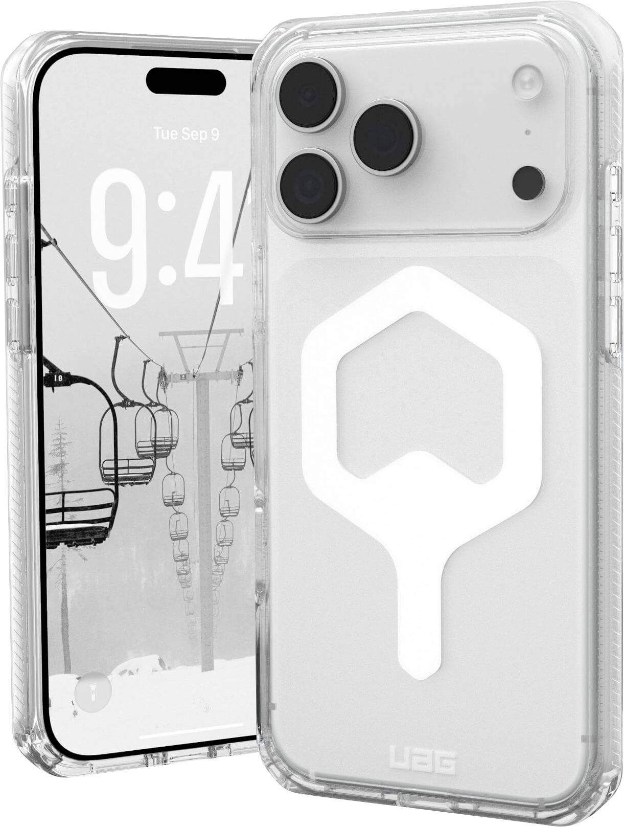 Transparente Smartphone-Hülle mit weißem geometrischem Design auf der Rückseite, zeigt drei große Kameraausschnitte, Display des Telefons zeigt 9:44 Uhr.