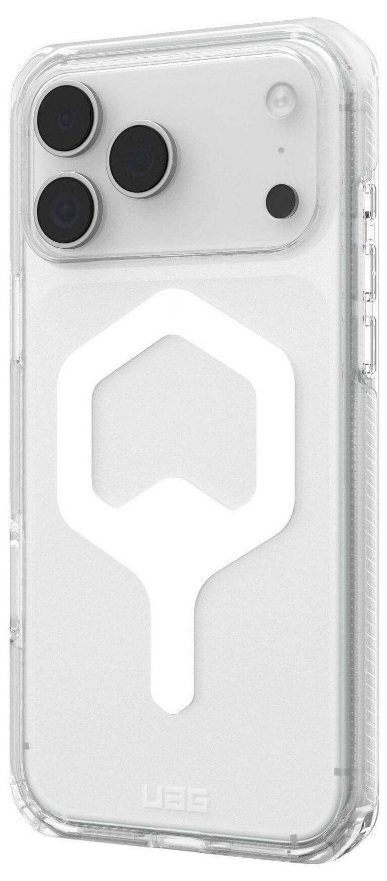 Transparente Handyhülle mit einem markanten weißen geometrischen Muster, das drei Kreise und eine Tropfenform enthält, konzipiert für ein Smartphone mit drei Kameras.