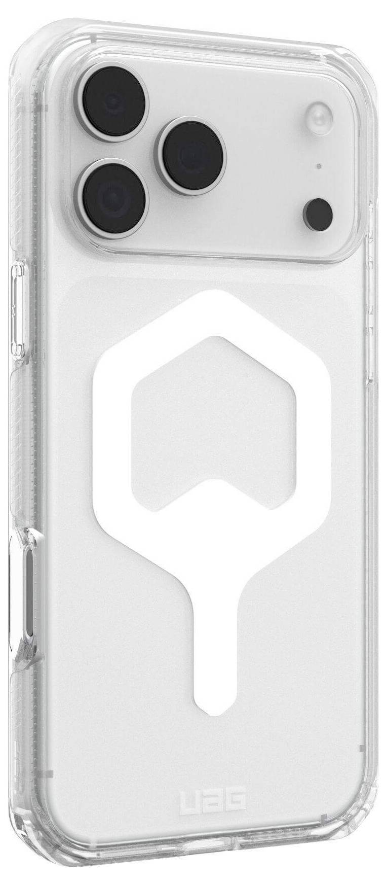 Durchsichtige Handyhülle für ein Smartphone mit drei Kameraobjektiven, mit einem weißen geometrischen Design auf der Rückseite.