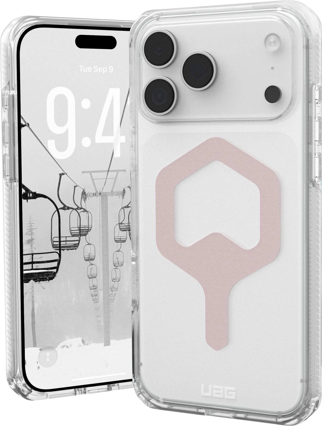 Ein Smartphone in einer transparenten Hülle mit einem weißen und rosa sechseckigen Design auf der Rückseite, das ein schwarzweißes Seilbahnbild auf dem Bildschirm zeigt.