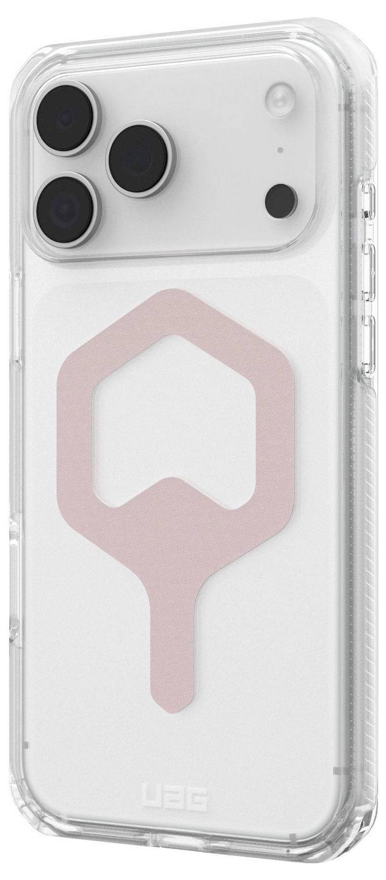 Transparente Handyhülle mit einem großen pinken geometrischen Logo auf der Rückseite, entwickelt für ein Smartphone mit drei Rückkameras.
