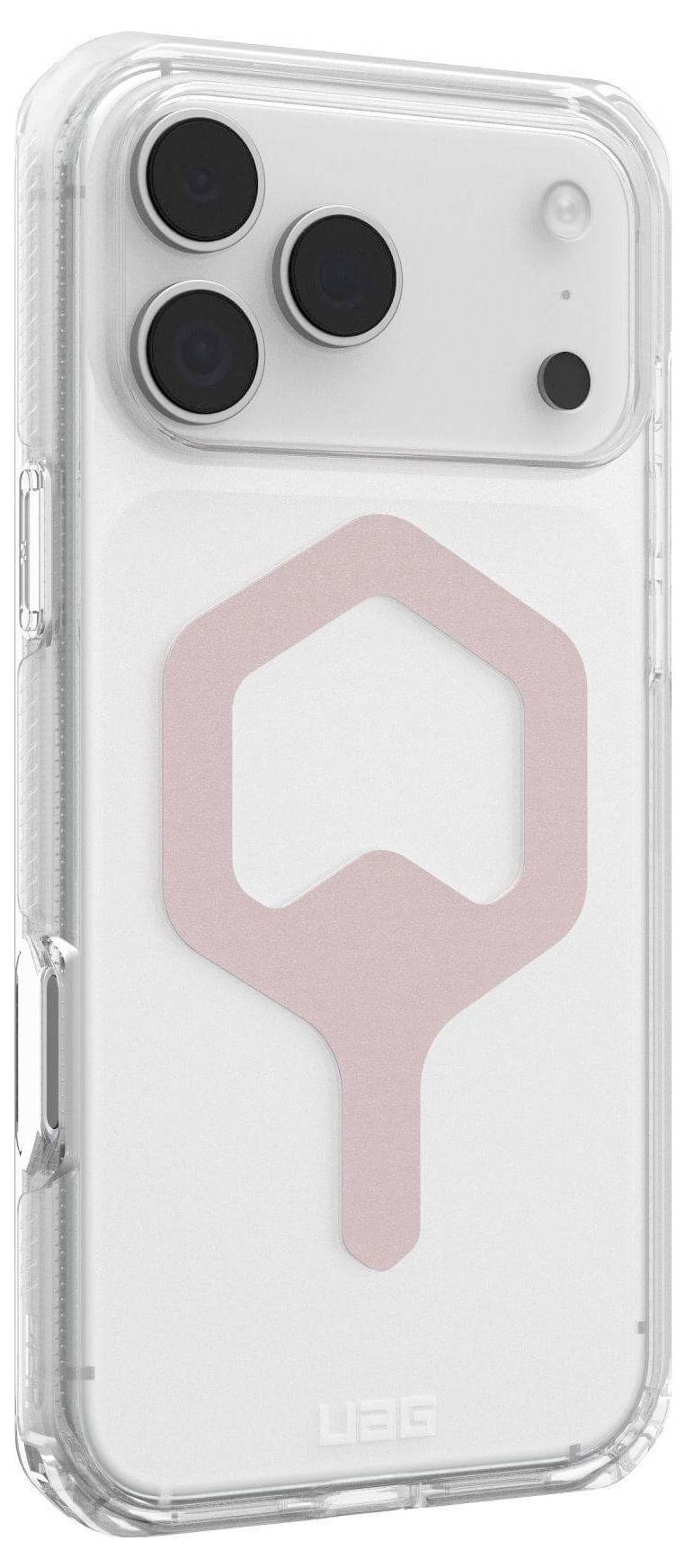 Eine transparente Handyhülle mit einem pinken geometrischen Design auf der Rückseite, das ein Symbol ähnlich eines Pfeils oder Kartenzeiggers trägt.