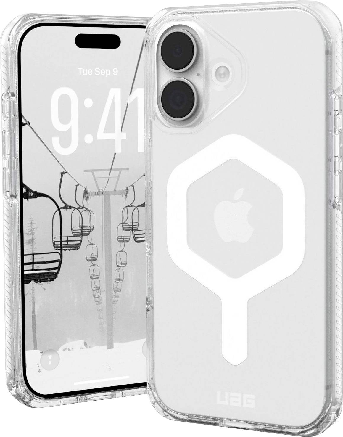 Transparente Handyhülle mit MagSafe-Kompatibilität, die ein Smartphone mit einer Skilifttapete und der Uhrzeit '9:41' auf dem Bildschirm hält.