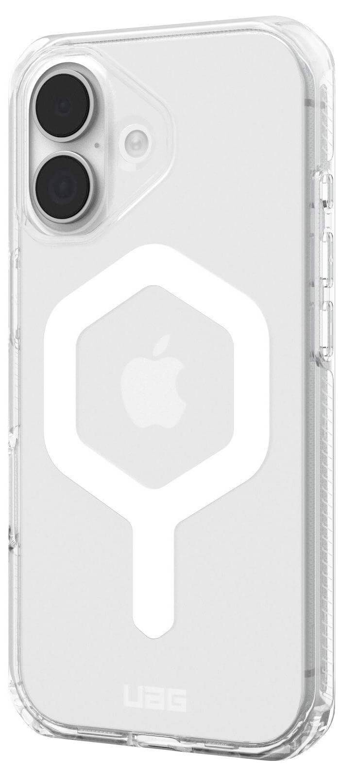 Transparente Handyhülle mit einem weißen sechseckigen Design, das das Apple-Logo umgibt und seinen schlichten und minimalistischen Stil betont.