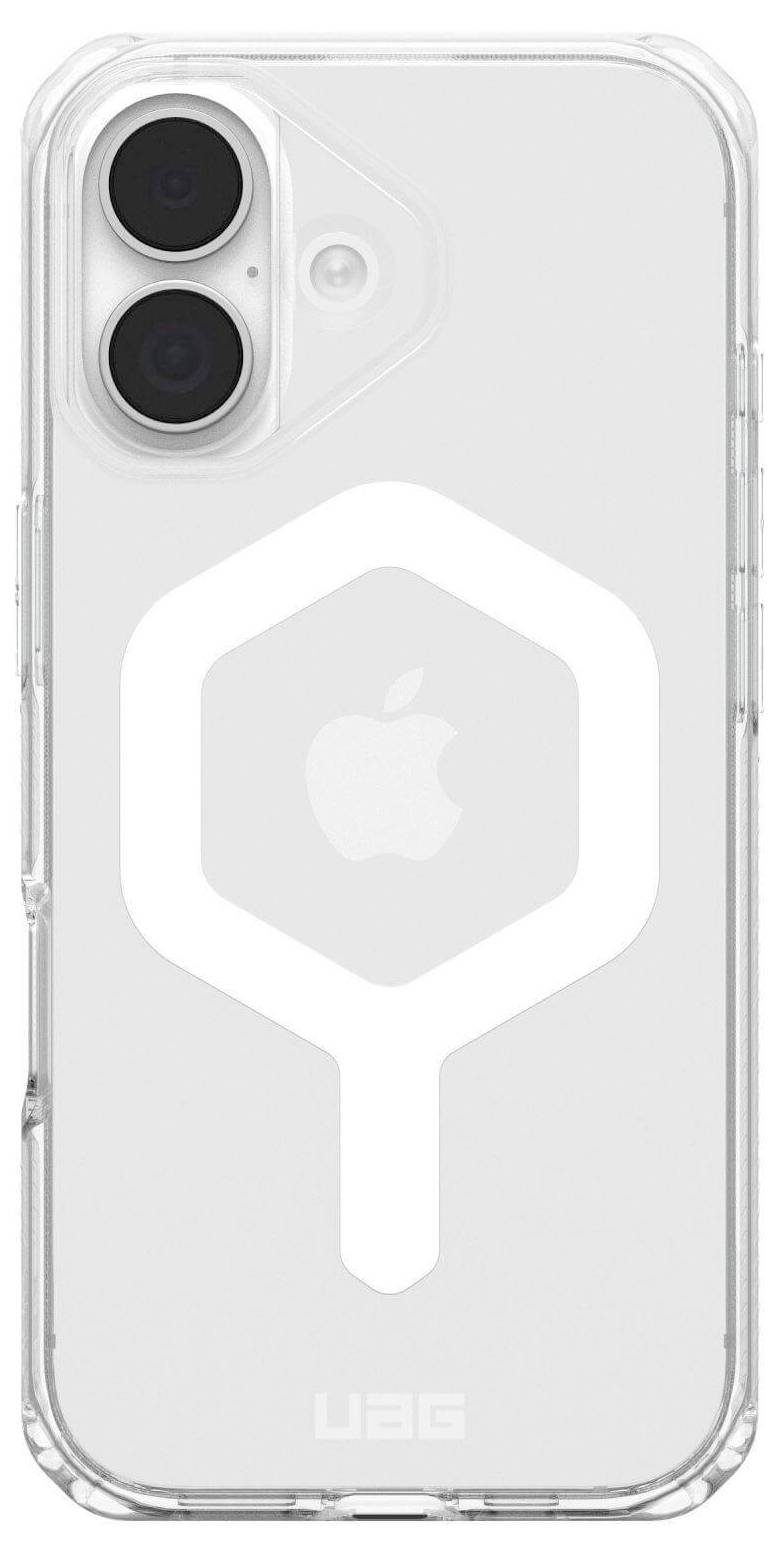 Durchsichtige Handyhülle mit einem weißen geometrischen Muster, die ein Apple-Logo auf der Rückseite eines Smartphones durchscheinen lässt.