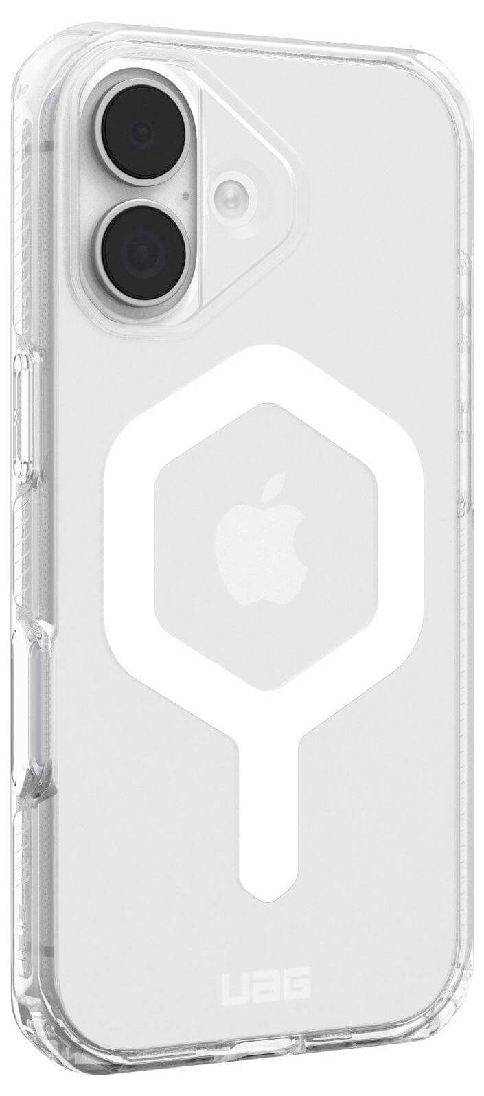 Eine durchsichtige Handyhülle mit einem geometrischen Design auf der Rückseite, mit zwei Kameraausschnitten und einem Apple-Logo in der Mitte.