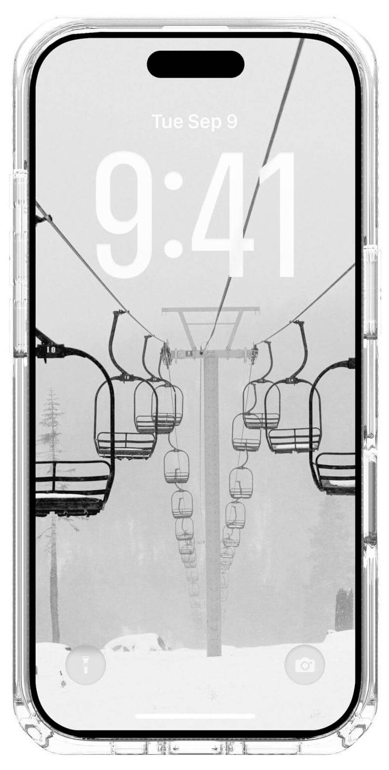 Ein Smartphone mit einem schwarzweißen Bild eines leeren Skilifts auf dem Sperrbildschirm, wobei die Uhrzeit '9:41' und das Datum 'Di. 9. Sep.' angezeigt werden.
