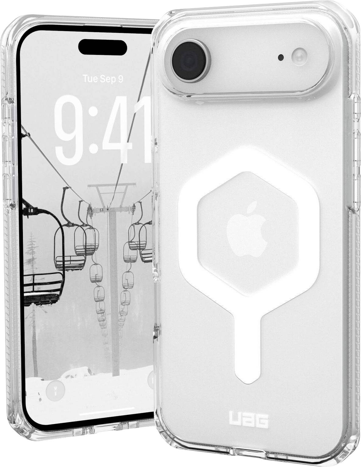 Ein Smartphone mit einer durchsichtigen Schutzhülle, versehen mit dem 'UAG' Logo. Der Bildschirm zeigt einen Sessellift mit schneebedeckten Bäumen.