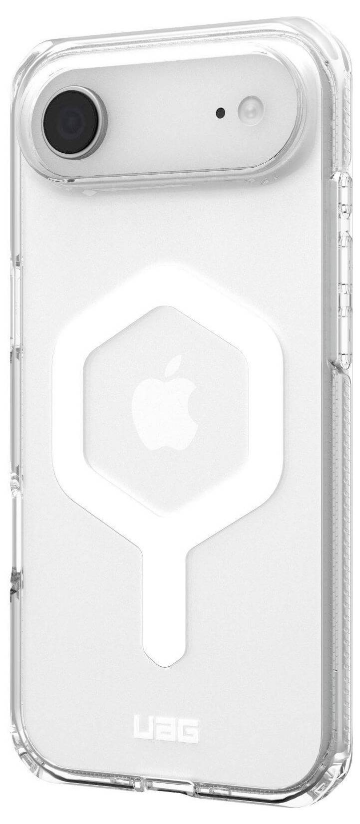 Eine transparente Smartphone-Hülle mit sichtbarem Schutzpolster und einem markanten Sechseck-Design auf der Rückseite, das das Logo des Geräts hervorhebt.