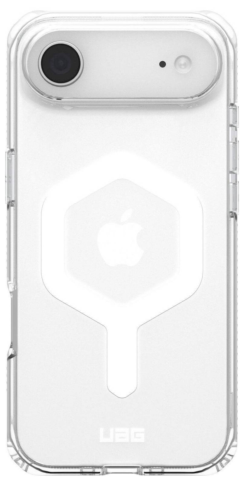 Transparente Handyhülle mit einem geometrischen Muster, die das Apple-Logo und die Rückkamera des Telefons im Inneren sichtbar macht.
