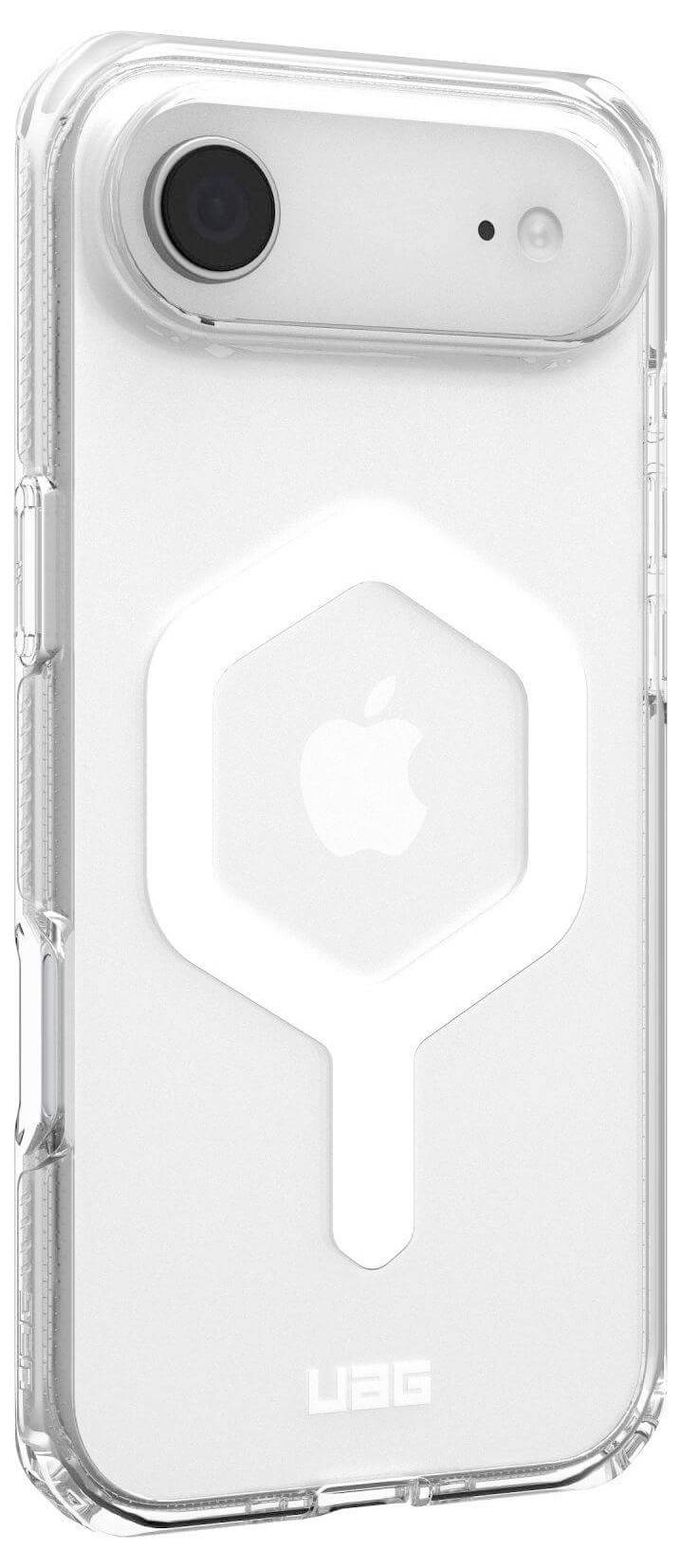 Eine transparente Handyhülle, die für ein iPhone entwickelt wurde, mit einem eleganten geometrischen Muster um den Kamerabereich und das Apple-Logo herum.