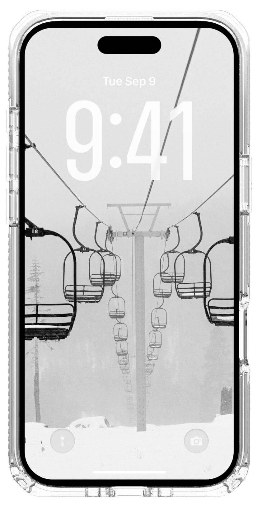 Auf dem Smartphone-Bildschirm werden die Uhrzeit '9:41' und das Datum 'Di Sep 9' über einem schwarzweißen Bild von leeren Sesselliftsstühlen bei nebligem Wetter angezeigt.