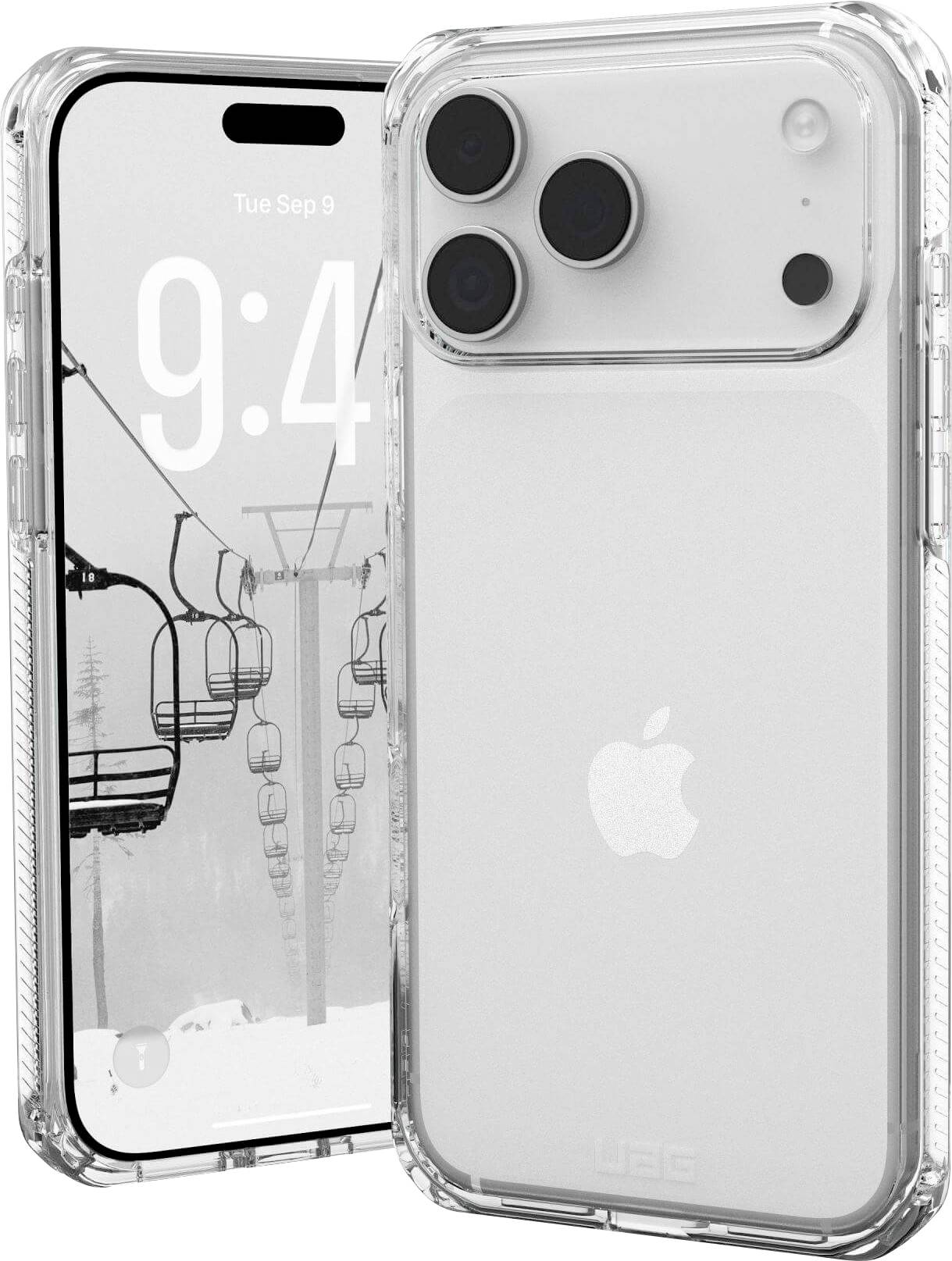 Transparente Handyhülle mit sichtbarem Kameramodul, die zu einem Smartphone passt, auf dessen Bildschirm eine Skipiste zu sehen ist.