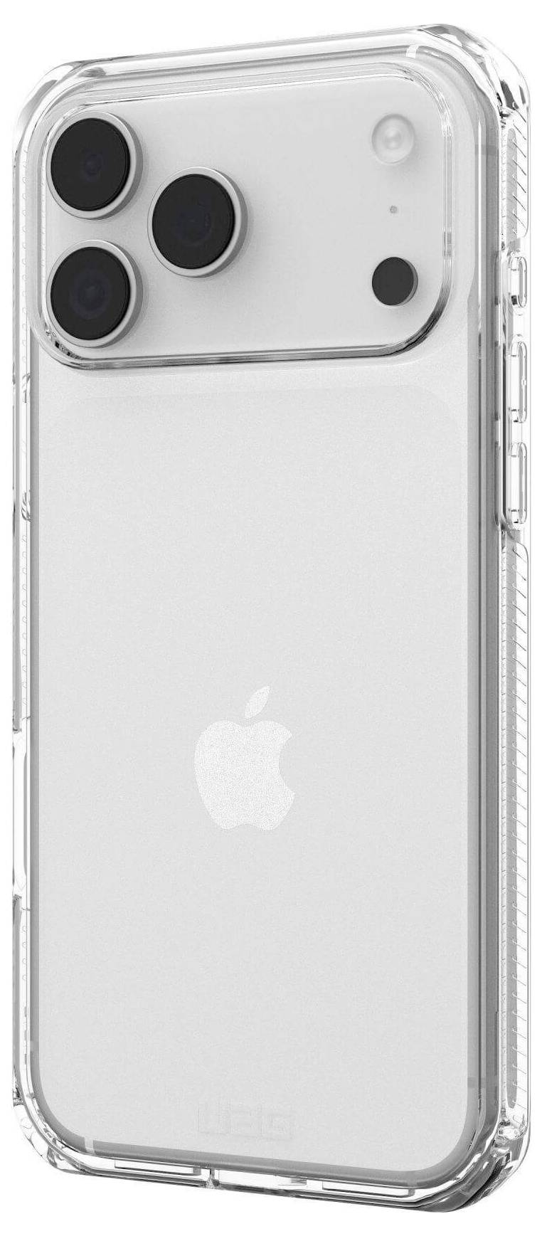 Eine durchsichtige Handyhülle umgibt ein Smartphone mit drei sichtbaren Kameraobjektiven auf der Rückseite und präsentiert ein schlankes Design sowie das Apple-Logo.