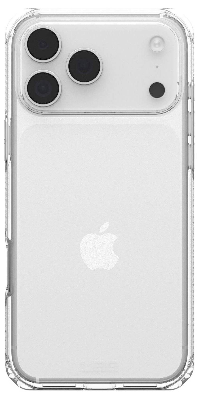 Ein Smartphone mit einer durchsichtigen Schutzhülle, das drei Rückkameras und ein Logo in der Mitte zeigt.
