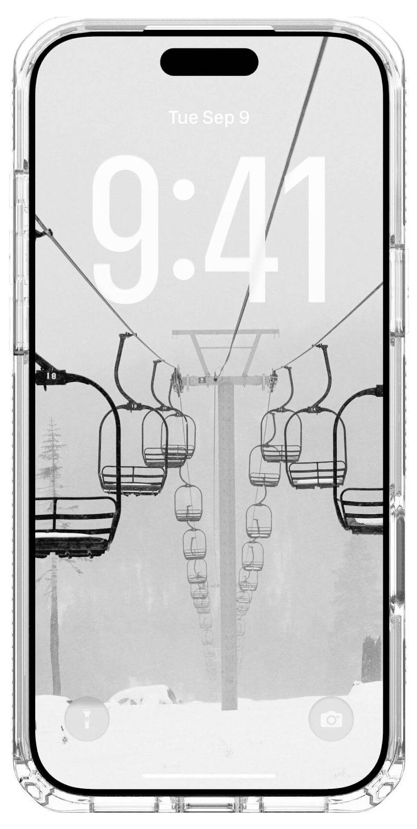 Smartphone zeigt ein Schwarz-Weiß-Bild eines leeren Skilifts auf dem Bildschirm, mit der Uhrzeit '9:41' und dem Datum 'Di. 9. Sep.' oben.