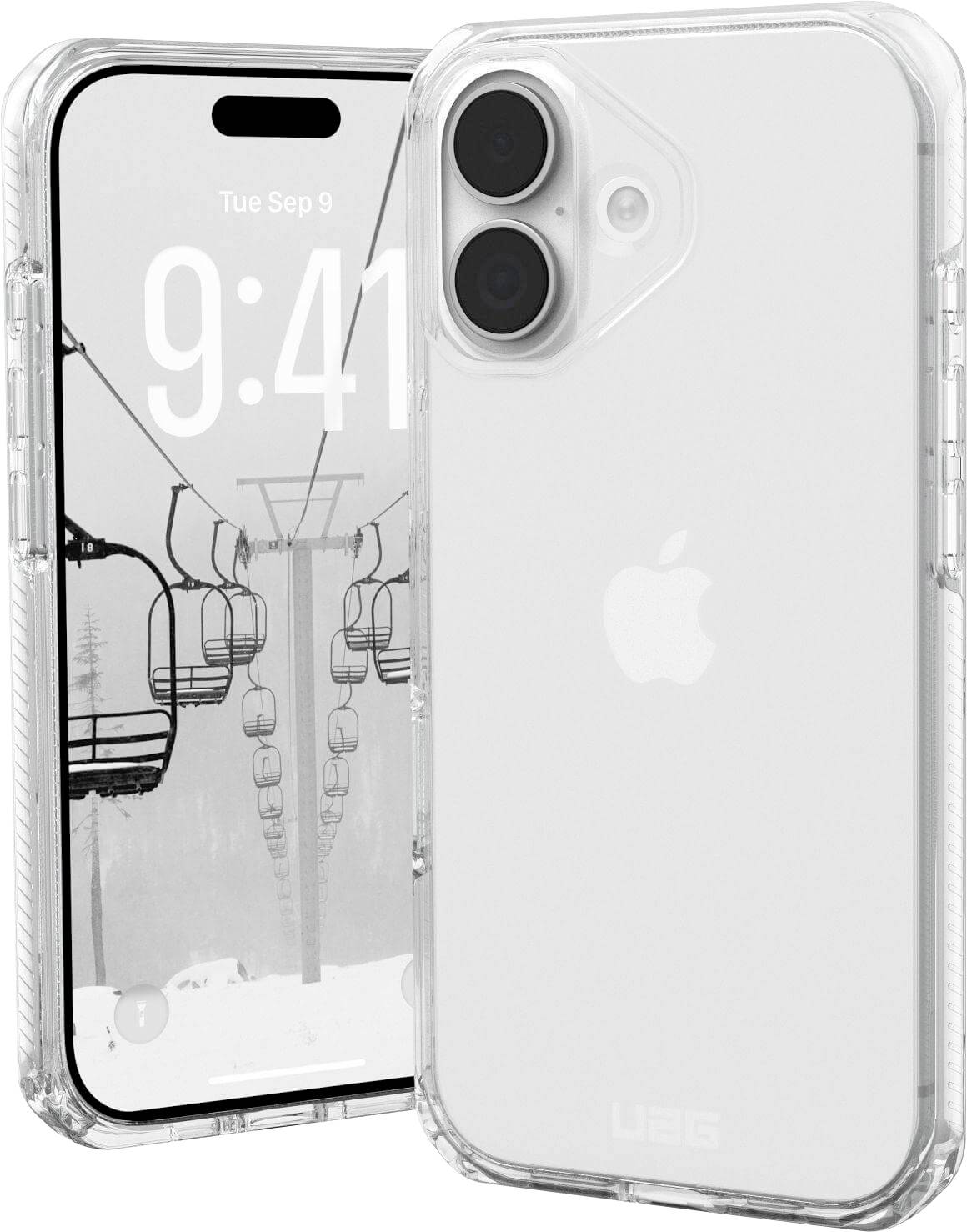 Zwei Smartphones mit transparenten Schutzhüllen. Die Bildschirme zeigen ein Hintergrundbild von leeren Skiliftstühlen an einem verschneiten Tag.